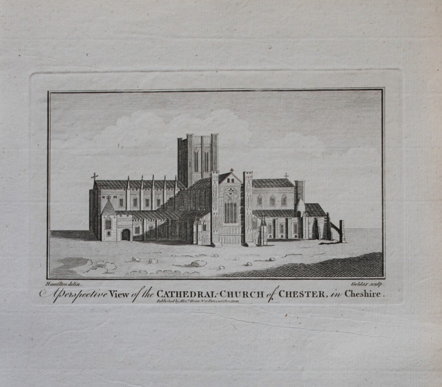 Alex Hogg - Chester Cathedral, Cheshire 1786: This copperplate engraving is from Historical Descriptions of new and elegant picturesque views of the antiquities of England and Wales? by Henry Boswell.Published by Alex Hogg, London, 1786.Size: app