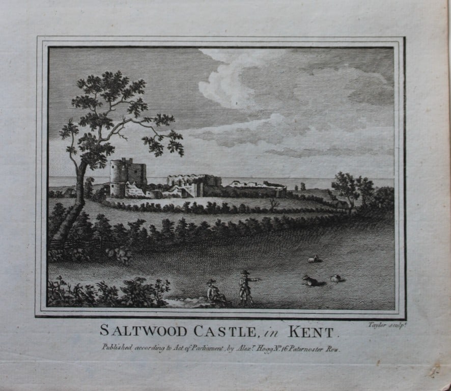 Alex Hogg - Saltwood Castle, Kent 1786: This copperplate engraving is from Historical Descriptions of new and elegant picturesque views of the antiquities of England and Wales? by Henry Boswell.Published by Alex Hogg, London, 1786.Size: app