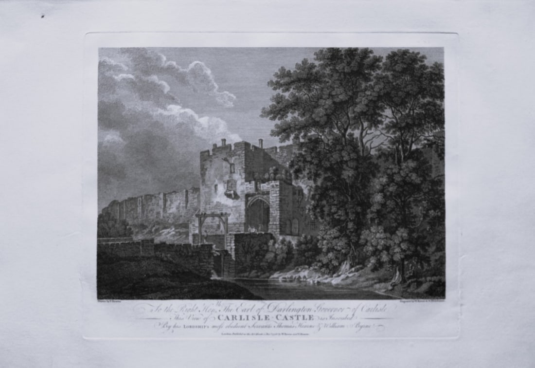 Thomas Hearne - Carlisle Castle Cumberland 1786: This antique copper engraving was published in The Antiquities of Great Britain, illustrated in Views of Monasteries, Castles, and Churches now existing. Printed by James Phillips, London and publishe
