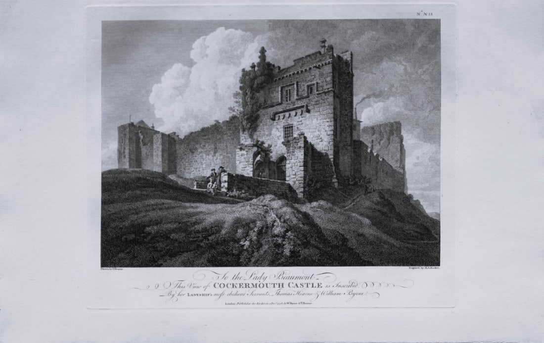 Thomas Hearne - Cockermouth Castle Cumberland 1786: This antique copper engraving was published in The Antiquities of Great Britain, illustrated in Views of Monasteries, Castles, and Churches now existing. Printed by James Phillips, London and publishe