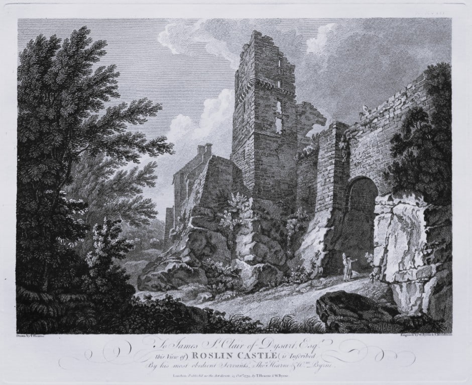 Thomas Hearne - Roslin Castle Mid Lothian 1786: This antique copper engraving was published in The Antiquities of Great Britain, illustrated in Views of Monasteries, Castles, and Churches now existing. Printed by James Phillips, London and publishe