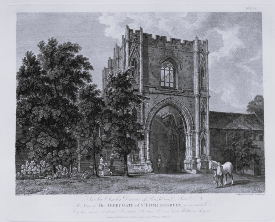 Thomas Hearne - St Edmund's Bury Abbey Gate Suffolk 1786: This antique copper engraving was published in The Antiquities of Great Britain, illustrated in Views of Monasteries, Castles, and Churches now existing. Printed by James Phillips, London and publishe