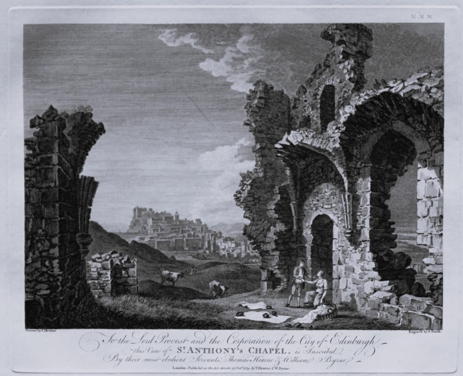 Thomas Hearne - St Anthony's Chapel Edinburgh 1786: This antique copper engraving was published in The Antiquities of Great Britain, illustrated in Views of Monasteries, Castles, and Churches now existing. Printed by James Phillips, London and publishe