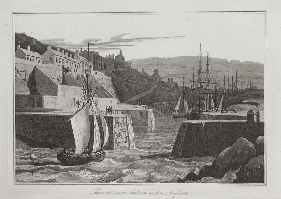 W Daniell - Amlwch Harbour, Anglesea c1820: This engraving is from A Voyage Round Great Britain by William Daniell. Printed by Longman, Hurst, Rees, Orme and Brown, London, 1814-25.The engravings in this work were drawn Daniell and engraved by 