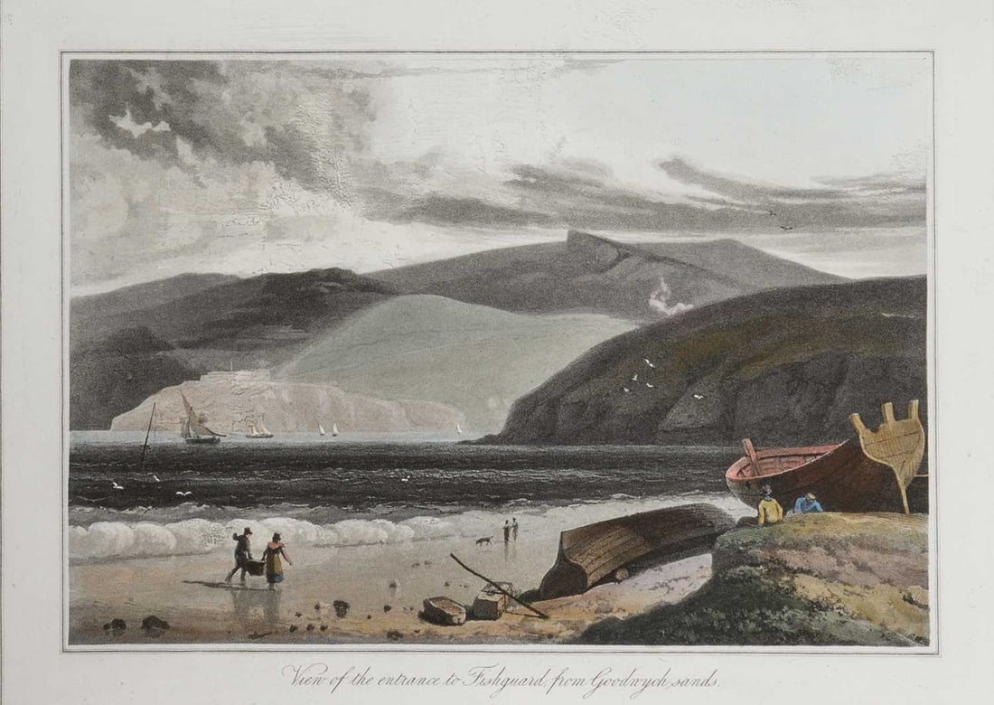 W Daniell - Fishguard c1820: This engraving is from A Voyage Round Great Britain by William Daniell. Printed by Longman, Hurst, Rees, Orme and Brown, London, 1814-25. Hand-coloured aquatint from this work were drawn Daniell and e