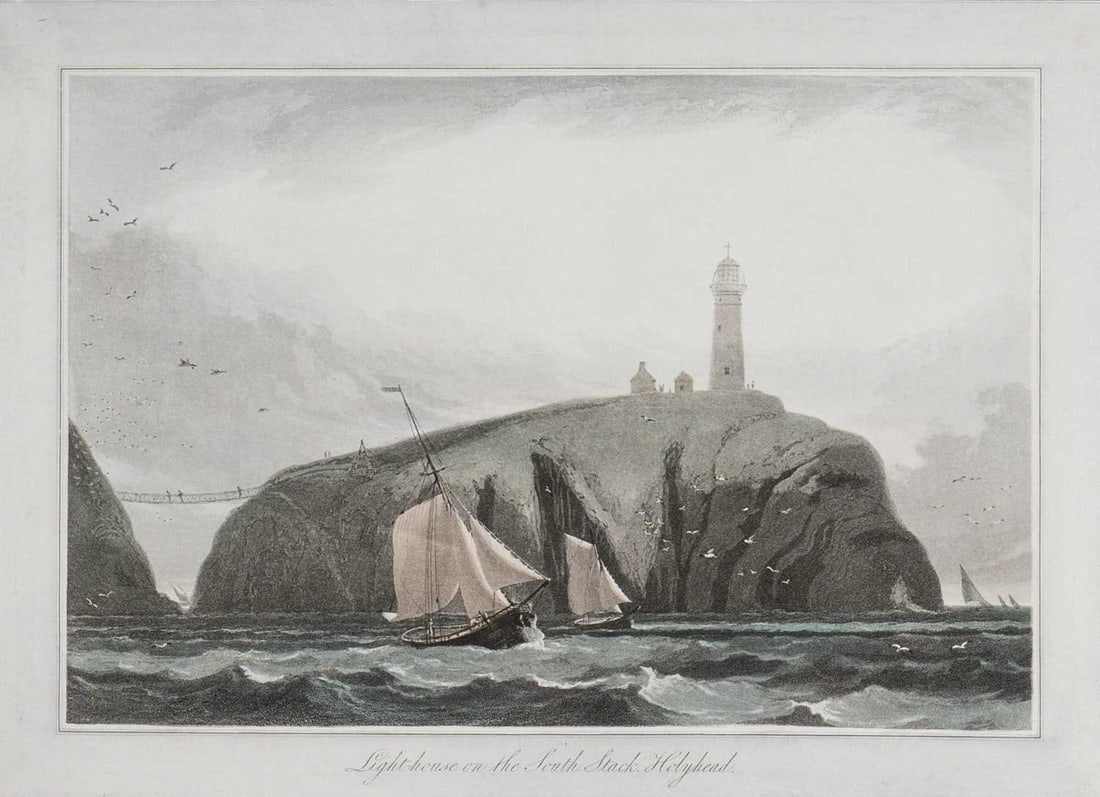 W Daniell - Lighthouse on South Stack, Holyhead c1820: This engraving is from A Voyage Round Great Britain by William Daniell. Printed by Longman, Hurst, Rees, Orme and Brown, London, 1814-25. Hand-coloured aquatint from this work were drawn Daniell and e