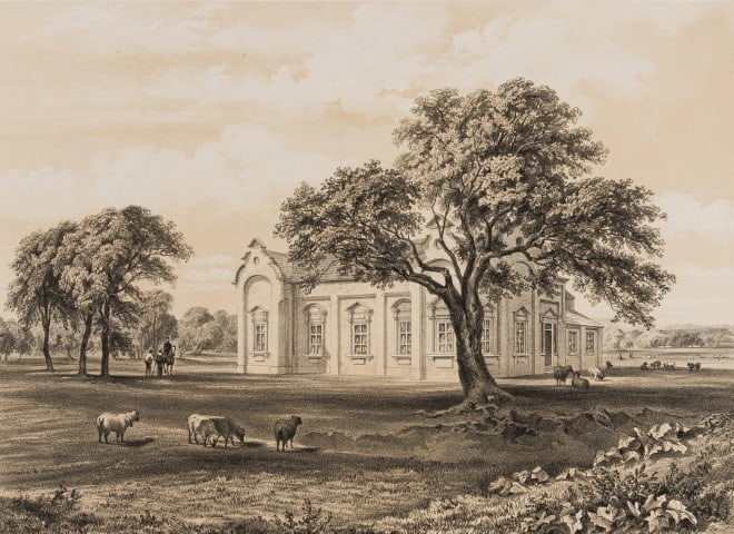 F Dangerfield - Lawes Testimonial Laboratory 1863: This lithograph is from the Drawings and Plans of the Lawes Testimonial Laboratory, Rothamsted, Herts, F. Dangerfield, 1863.This rare tinted lithographic is an external view of the Lawes Testimonial L