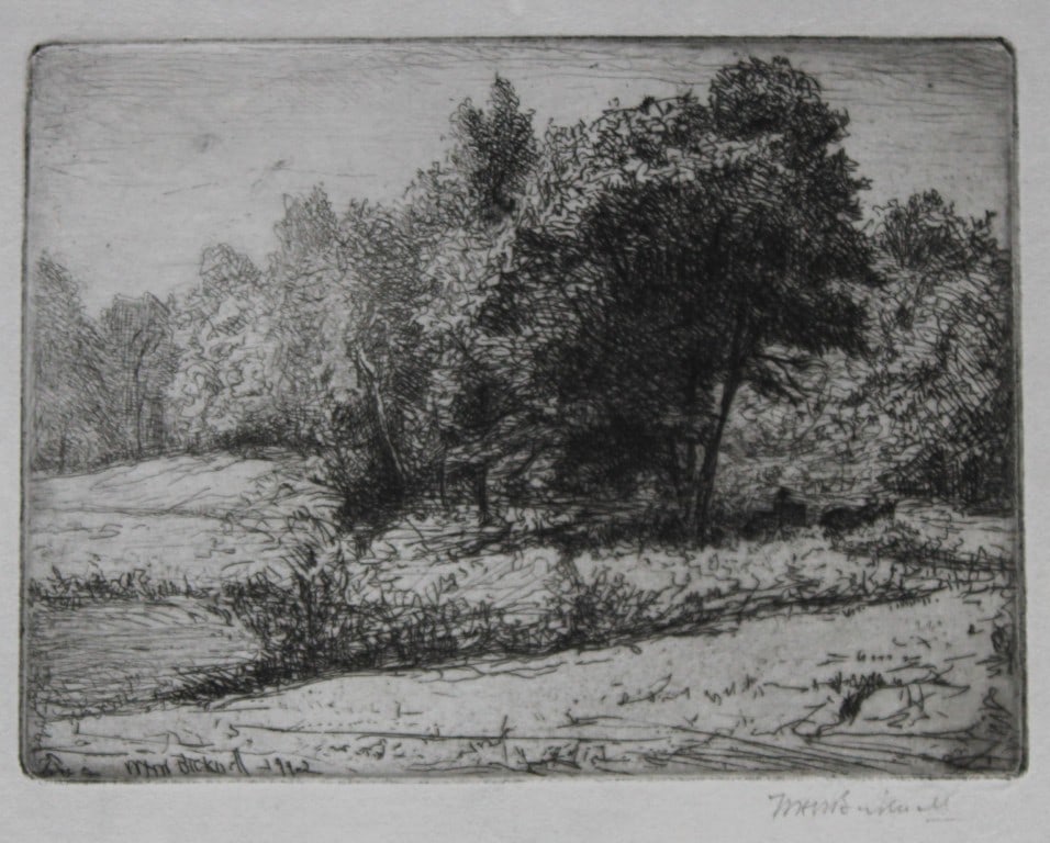 William Bicknell - Rare etching of Copse of Trees, signed 1912: Rare etching of a Copse of Trees by William H. W. Bicknell (1860-1947) Signed below the plate by the artist in pencil.William Bicknell was born in Winchester, Massachusetts in 1860. He studied under O