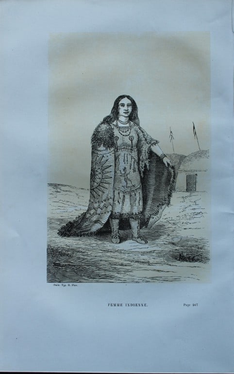 Abbe E Domenech - Female Native American 1860: This wood-engraved plate is from Voyage Pittoresque Dans Les Grands D?serts Du Nouveau Monde by Abbe Emmanual Domenech. Published by Morizot, Paris 1860.Domenech was a missionary in Texas and Mexico a