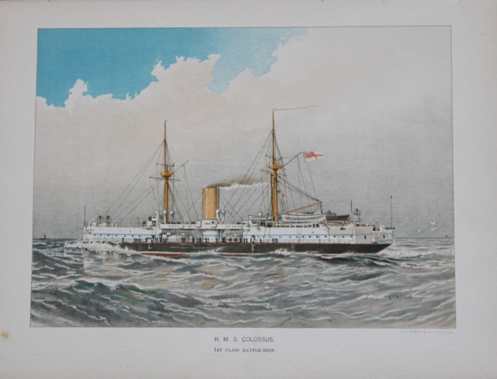 WF Mitchell - HMS Colossus 1st Class Battleship 1890: This illustration is from the magnificent three-volume history of the British Navy entitled Her Majesty's Navy, published in London between 1890 and 1893, at the height of Queen Victoria's British Emp