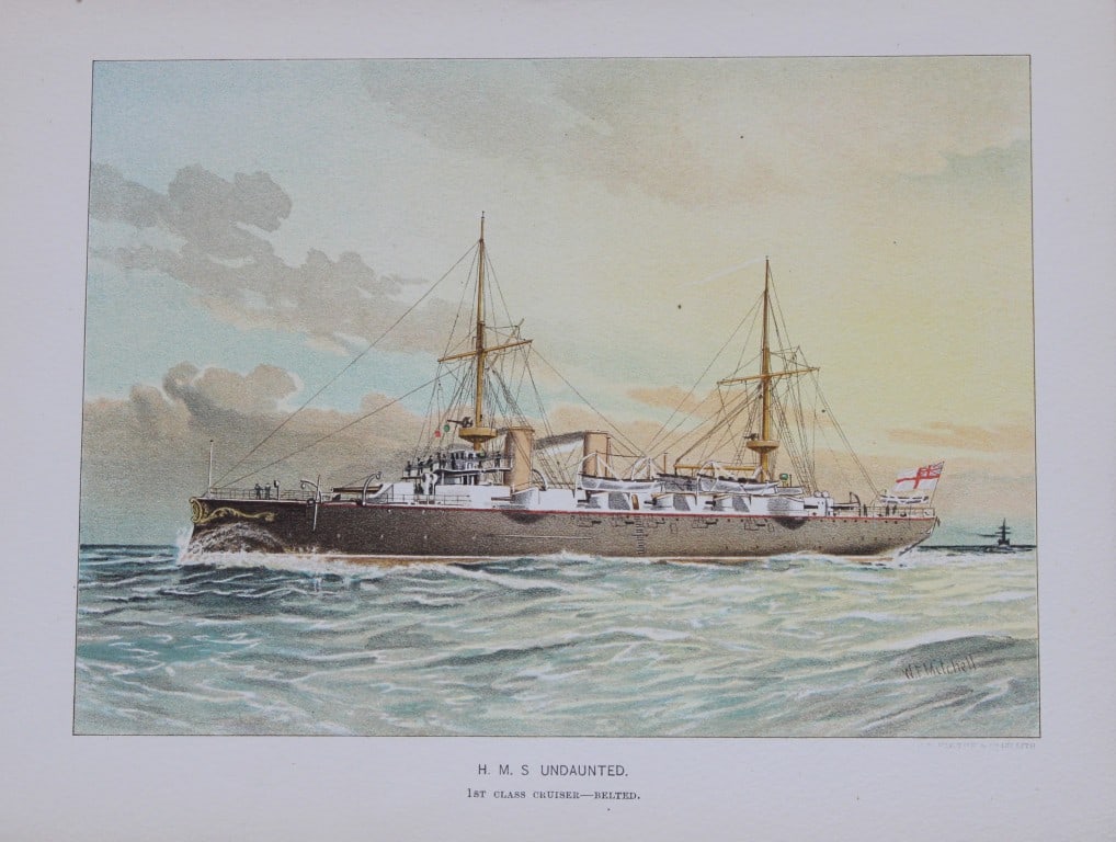 WF Mitchell - HMS Undaunted 1st Class Cruiser 1890: This illustration is from the magnificent three-volume history of the British Navy entitled Her Majesty's Navy, published in London between 1890 and 1893, at the height of Queen Victoria's British Emp