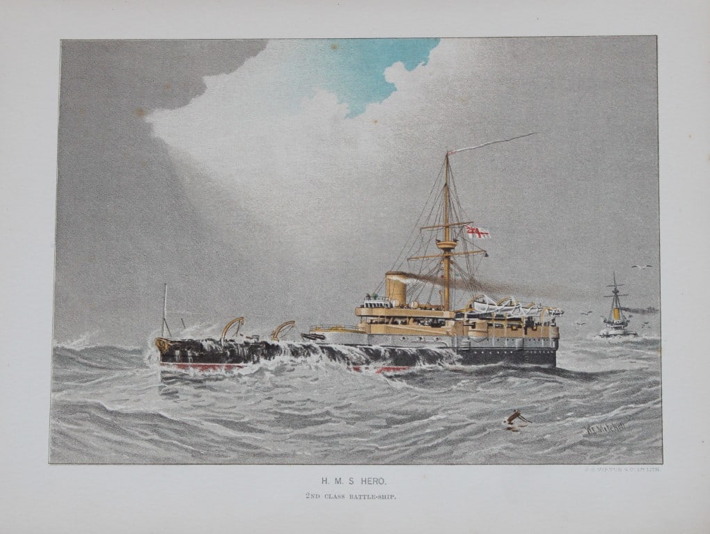 WF Mitchell - HMS Hero 2nd Class Battleship 1890: This illustration is from the magnificent three-volume history of the British Navy entitled Her Majesty's Navy, published in London between 1890 and 1893, at the height of Queen Victoria's British Emp