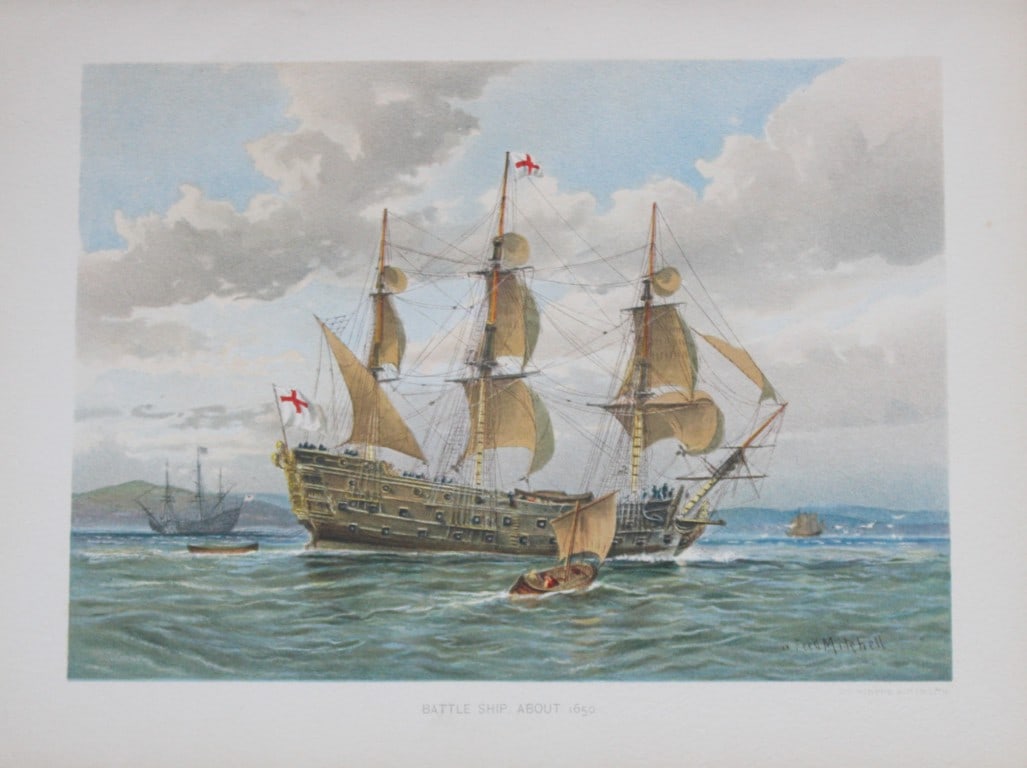 WF Mitchell - 17th Century Battleship 1890: This illustration is from the magnificent three-volume history of the British Navy entitled Her Majesty's Navy, published in London between 1890 and 1893, at the height of Queen Victoria's British Emp