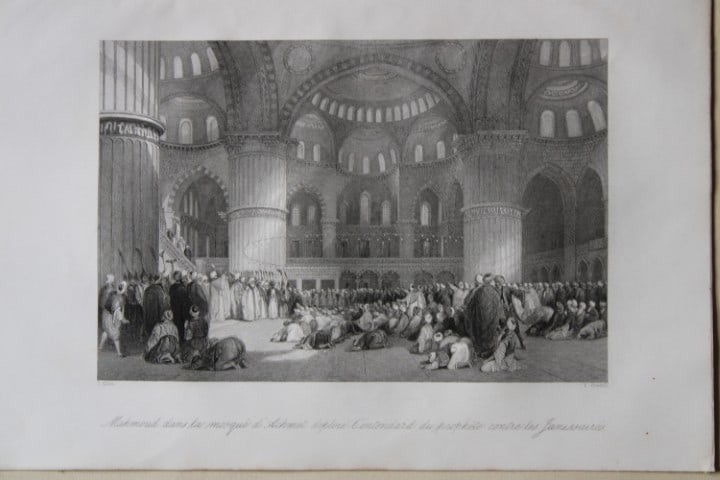 T Allom - Mahmoud in Mosque of Achmet engraved by E Goodall 1855: This engraving is from Histoire de l'Empire Ottoman depuis anciens jusqu?a nos jours (History of the Ottoman Empire from ancient times to the present day) by Theophile Lavallee. Published by Garnier F