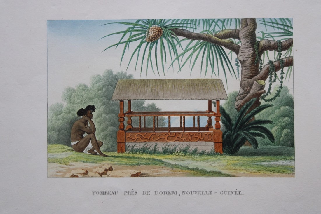 Duperrey - Tomb near Doreri, New Guines 1826: This hand-coloured engraving of Tombeau Pres De Doreri Nouvelle-Guinee is from Voyage autour du monde, ex?cut? par ordre du Roi, sur la corvette de Sa Majest?, la Coquille, pendant les ann?es 1822, 18
