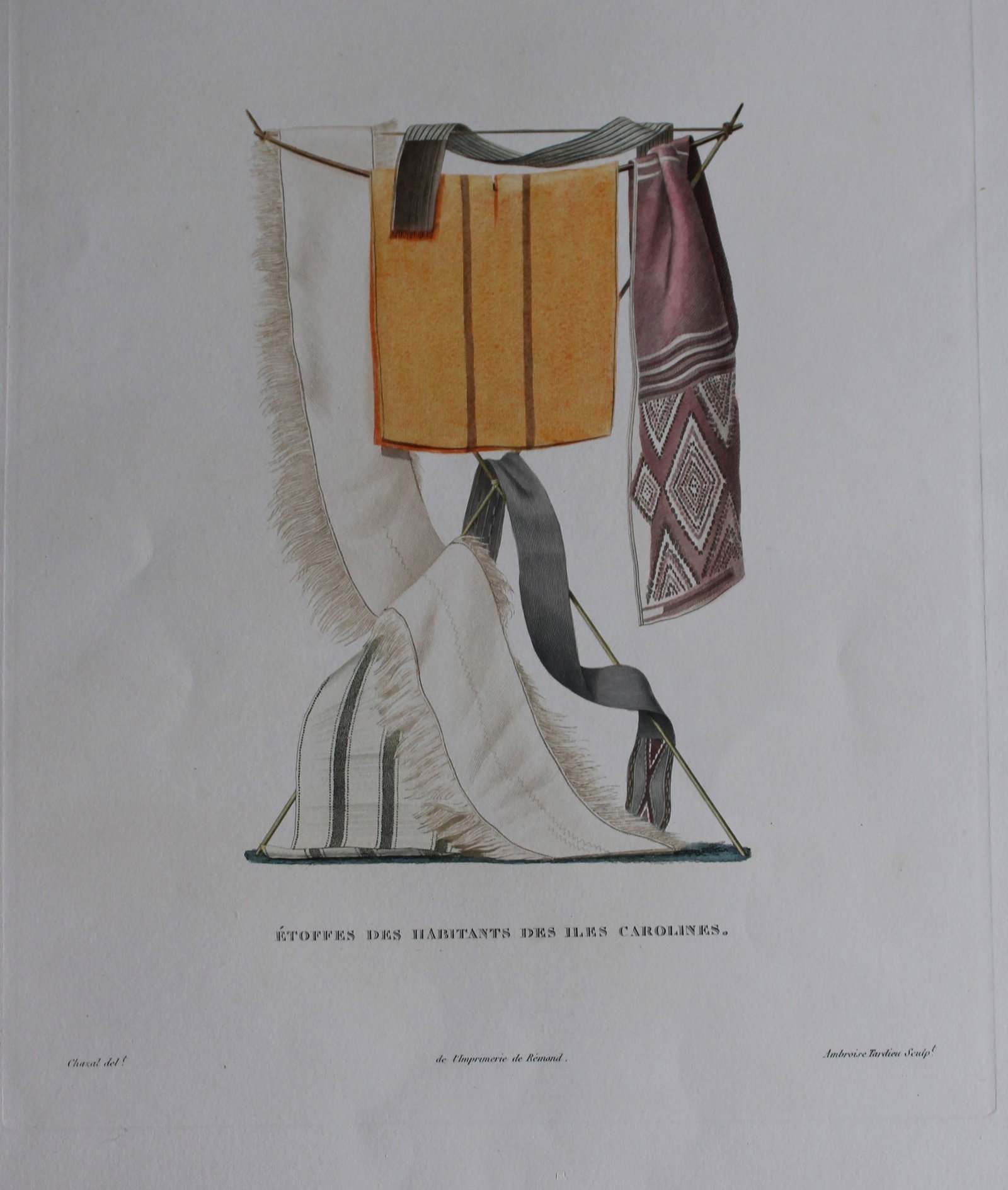 Duperrey - Inhabitants of Caroline Islands 1826: This hand-coloured engraving of Habitants Des Iles Carolines is from Voyage autour du monde, ex?cut? par ordre du Roi, sur la corvette de Sa Majest?, la Coquille, pendant les ann?es 1822, 1823, 1824 e