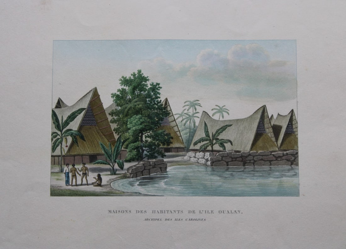 Duperrey - Houses on Oualan Island 1826: This hand-coloured engraving of Maisons des Habitants de L'ile Oualan is from Voyage autour du monde, ex?cut? par ordre du Roi, sur la corvette de Sa Majest?, la Coquille, pendant les ann?es 1822, 182