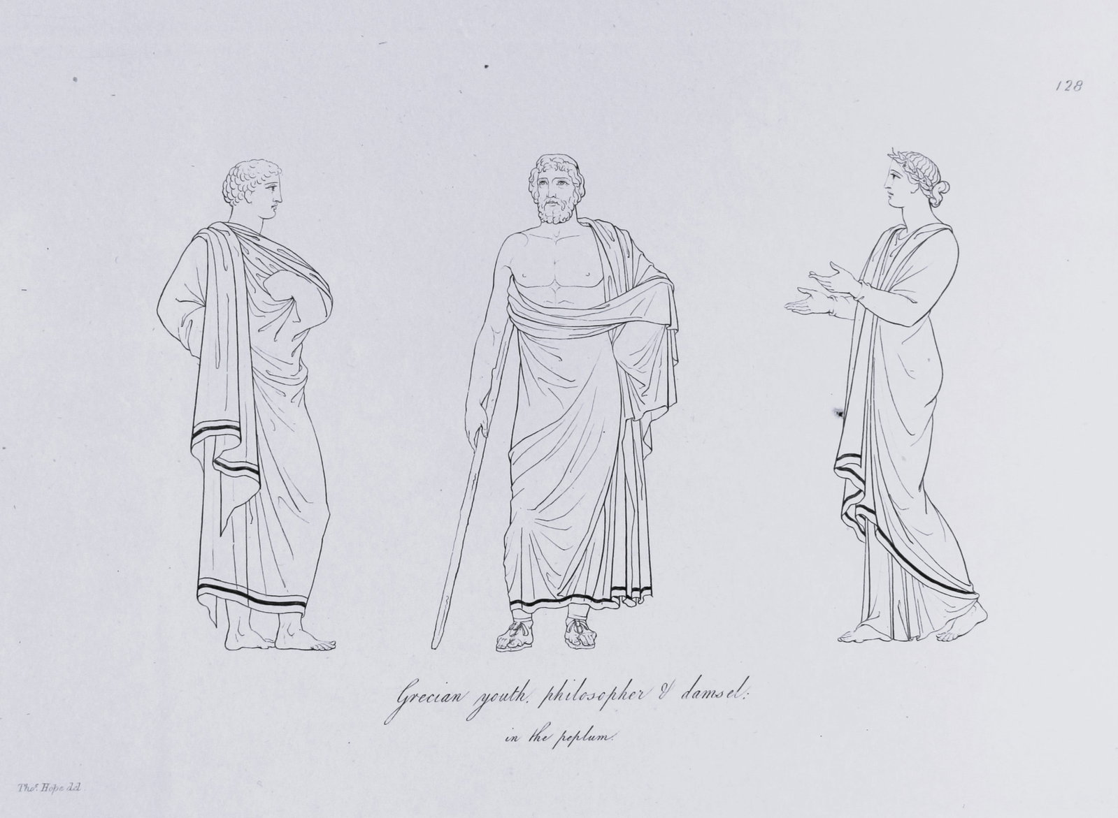 Thomas Hope - Greek youth, philosopher and damsel 1812: This engraved plate is from Costume of the Ancients by Thomas Hope Printed by W Bulmer and Co, London 1812.Size 11.5in x 9.25in