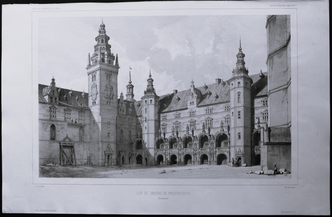 Dauzats - Frederiksborg Castle, Denmark 1842: This tinted lithograph is from Voyages en Scandinavie en Laponie, au Spitzberg et aux Feroe etc. by P Gaimard and published by Arthus Bertrand, Paris 1842-55.The lithographs were from drawings by A Ma