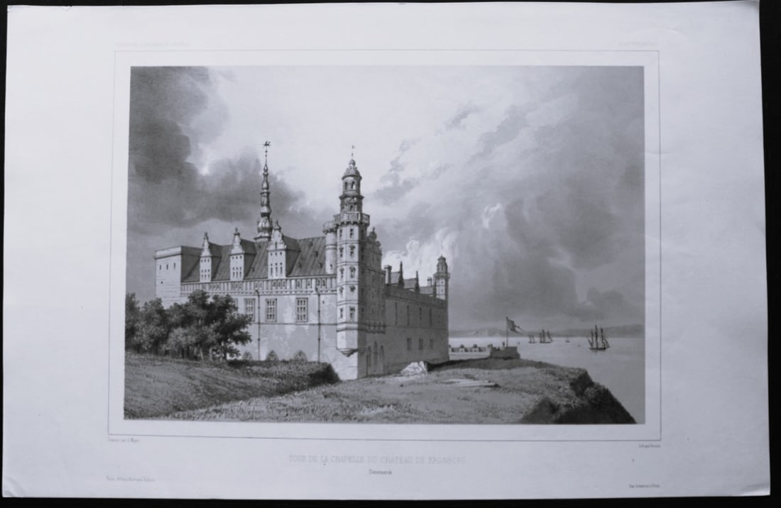 Dauzats - Chapel Tower at Kronborg Castle 1842: This tinted lithograph is from Voyages en Scandinavie en Laponie, au Spitzberg et aux Feroe etc. by P Gaimard and published by Arthus Bertrand, Paris 1842-55.The lithographs were from drawings by A Ma