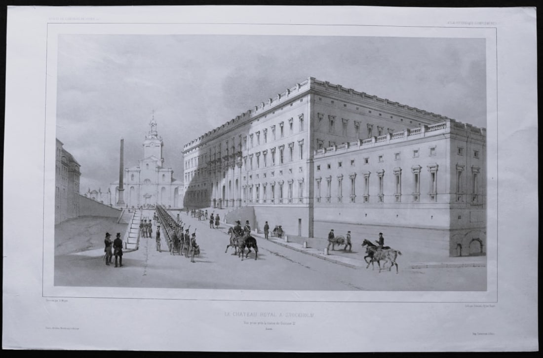 Dauzats - Royal Castle in Stockholm 1842: This tinted lithograph is from Voyages en Scandinavie en Laponie, au Spitzberg et aux Feroe etc. by P Gaimard and published by Arthus Bertrand, Paris 1842-55.The lithographs were from drawings by A Ma