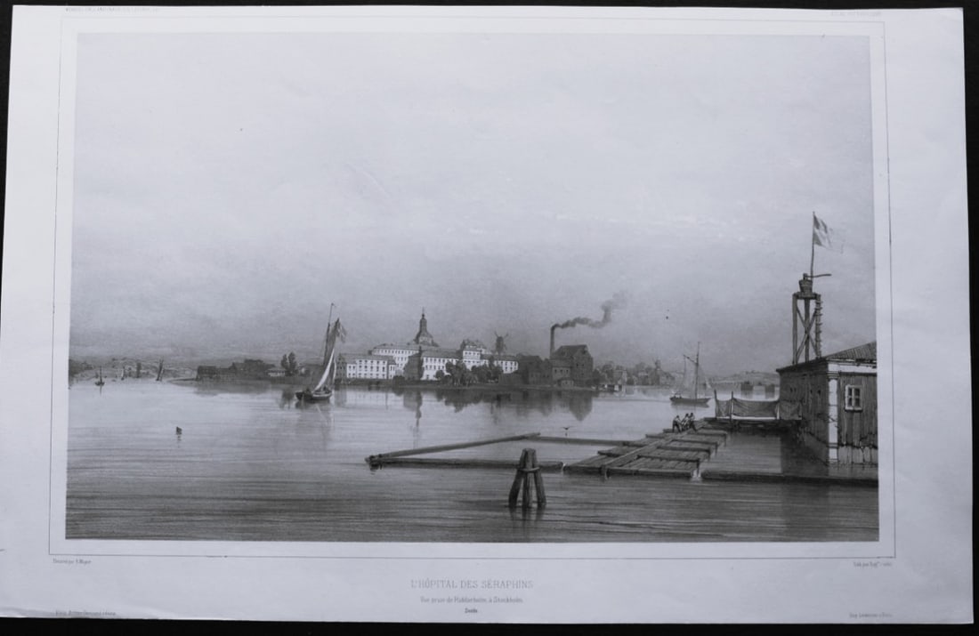 Ciceri - Seraphim Hospital, Stockholm 1842: This tinted lithograph is from Voyages en Scandinavie en Laponie, au Spitzberg et aux Feroe etc. by P Gaimard and published by Arthus Bertrand, Paris 1842-55.The lithographs were from drawings by A Ma