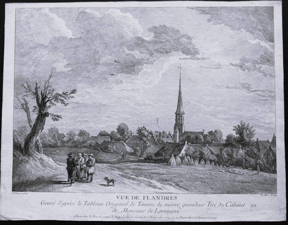David Teniers - Engraving by Le Bas - View of Flanders 1740: This engraving is of the Vue De Flandres engraved by Le Bas after the original painting by David Teniers. Published by Le Bas, Paris 1740.A landscape of a Flanders village, four figures and a dog in t