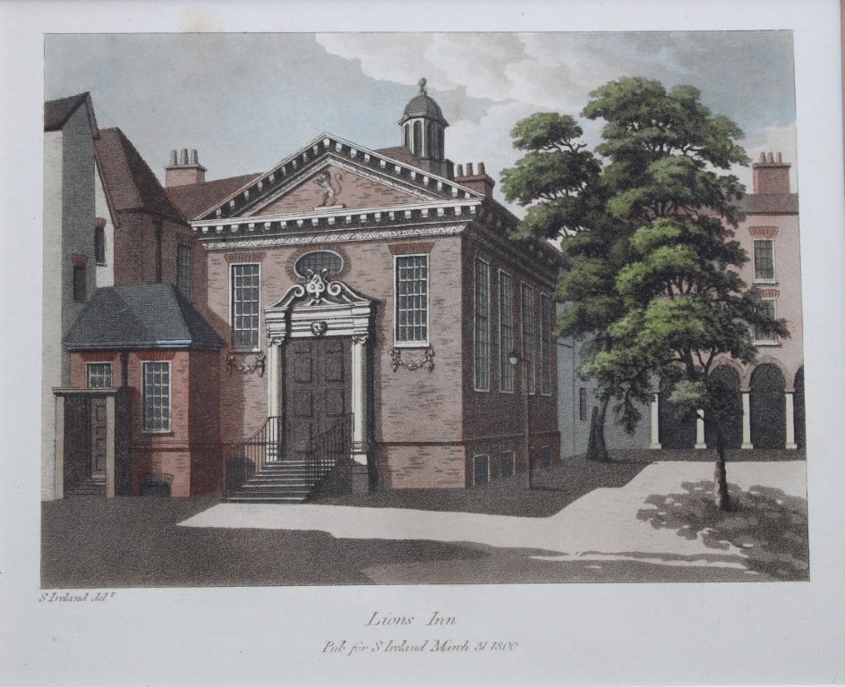 Samuel Ireland - aquatint of Lions Inn, London 1800: This bistre aquatint etching is from Picturesque Views with an Historical Account of the Inns of Court by Samuel Ireland. Published by R. Faulder and J. Egerton, London 1800. Samuel Ireland (1744 ? 18