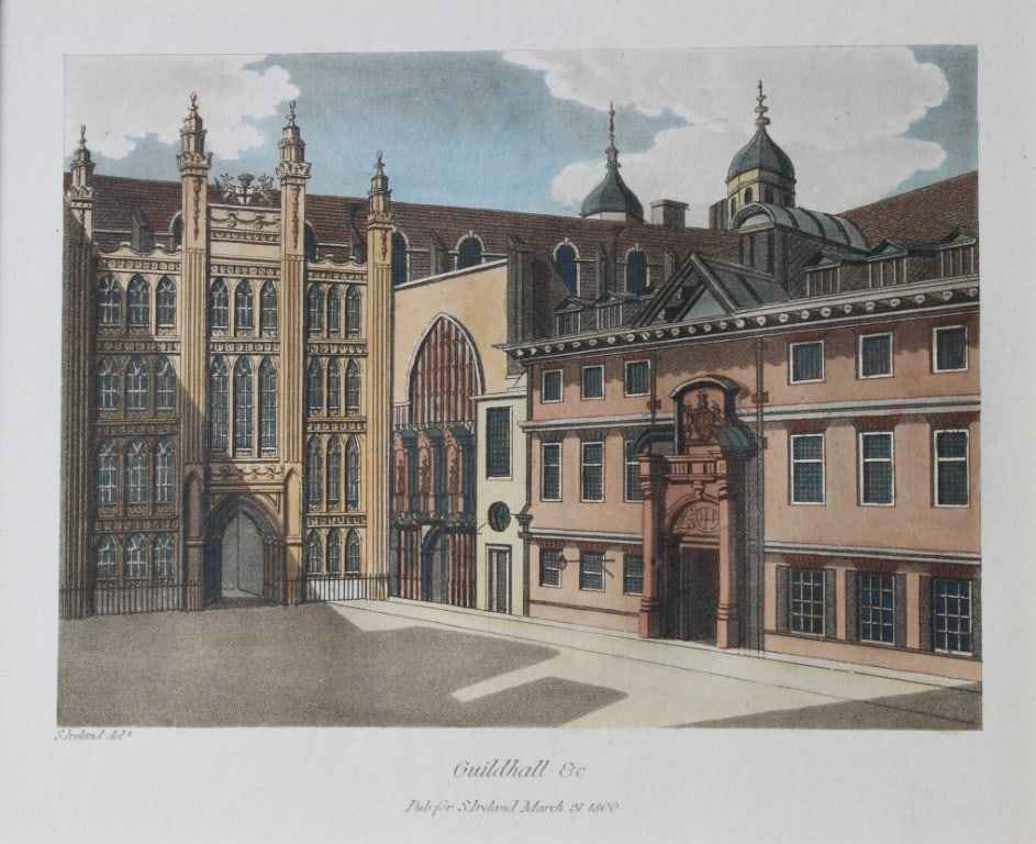 Samuel Ireland - aquatint of the Guildhall, London 1800: This bistre aquatint etching is from Picturesque Views with an Historical Account of the Inns of Court by Samuel Ireland. Published by R. Faulder and J. Egerton, London 1800. Samuel Ireland (1744 ? 18