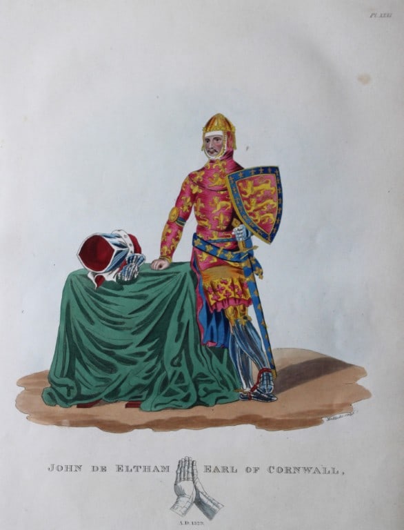 John de Eltham Earl of Cornwall by Samuel Meyrick 1842: This superb hand-coloured engraving of John de Eltham Earl of Cornwall is Plate XXXI from the 1842 enlarged folio edition of A Critical Inquiry into Antient Armour, as it existed in Europe, particular