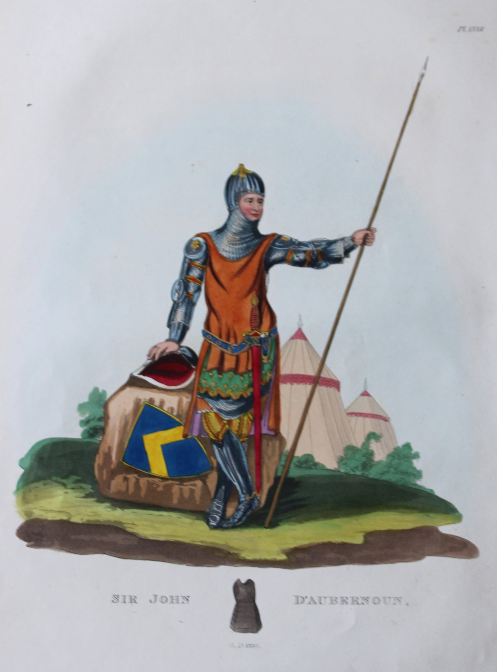 Sir John D'Aubernoun by Samuel Meyrick 1842: This superb hand-coloured engraving of Sir john D'Aubernoun is Plate XXXII from the 1842 enlarged folio edition of A Critical Inquiry into Antient Armour, as it existed in Europe, particularly in Grea