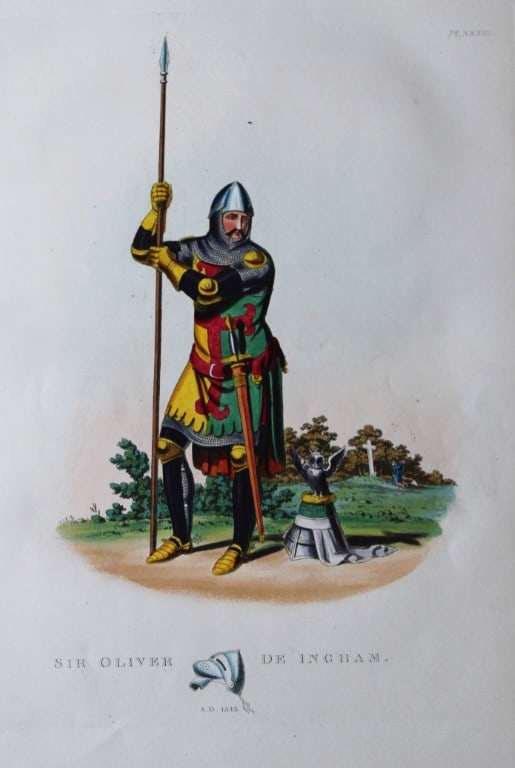 Sir Oliver de Ingham by Samuel Meyrick 1842: This superb hand-coloured engraving of Sir Oliver de Ingham is Plate XXXIII from the 1842 enlarged folio edition of A Critical Inquiry into Antient Armour, as it existed in Europe, particularly in Gre