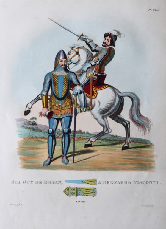 Sir Guy de Bryan & Bernarbo Visconti by S Meyrick 1842: This superb hand-coloured engraving of Sir Guy de Bryan & Bernarbo Visconti is Plate XXXIV from the 1842 enlarged folio edition of A Critical Inquiry into Antient Armour, as it existed in Europe, part