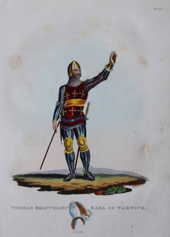Thomas Beauchamp Earl of Warwick by Samuel Meyrick 1842: This superb hand-coloured engraving of Thomas Beauchamp Earl of Warwick is Plate XXXV from the 1842 enlarged folio edition of A Critical Inquiry into Antient Armour, as it existed in Europe, particula
