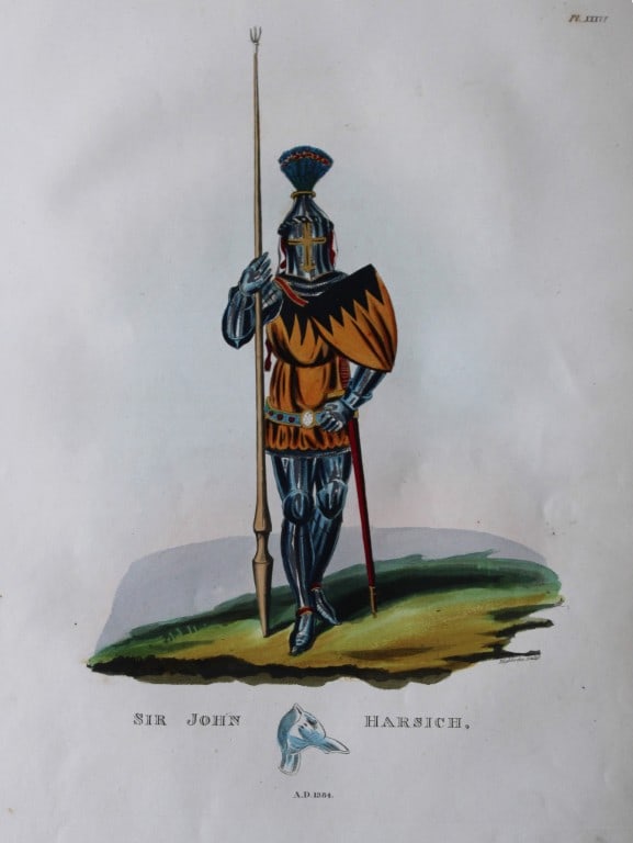 Sir John Harsich by Samuel Meyrick 1842: This superb hand-coloured engraving of Sir John Harsich is Plate XXXVI from the 1842 enlarged folio edition of A Critical Inquiry into Antient Armour, as it existed in Europe, particularly in Great Br