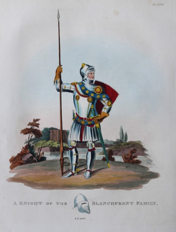 A Knight of the Blanchfront Family by S Meyrick 1842: This superb hand-coloured engraving of A Knight of the Blanchfront Family is Plate XXXVII from the 1842 enlarged folio edition of A Critical Inquiry into Antient Armour, as it existed in Europe, parti