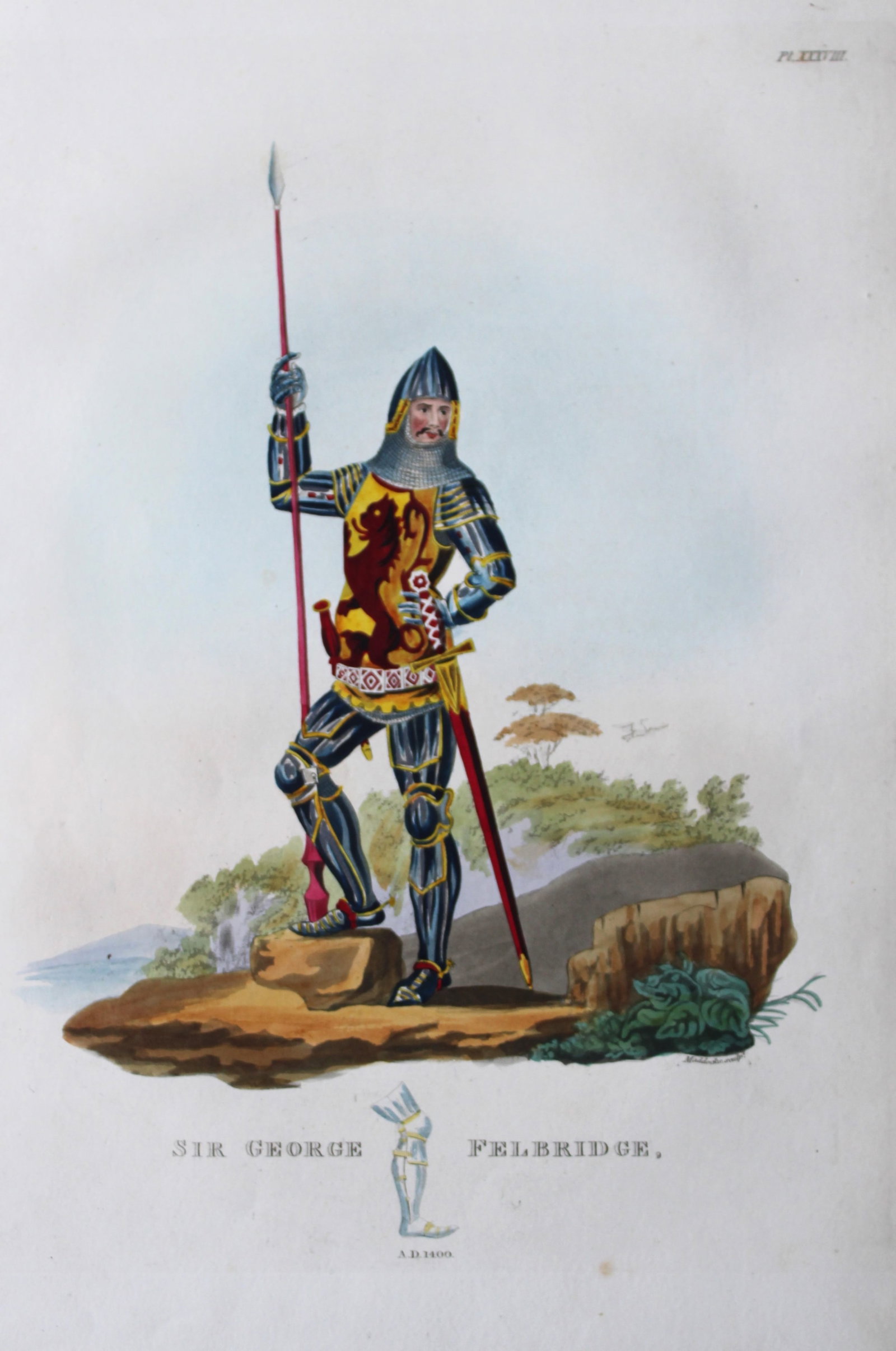 Sir George Felbridge by Samuel Meyrick 1842: This superb hand-coloured engraving of Sir George Felbridge is Plate XXXVIII from the 1842 enlarged folio edition of A Critical Inquiry into Antient Armour, as it existed in Europe, particularly in Gr