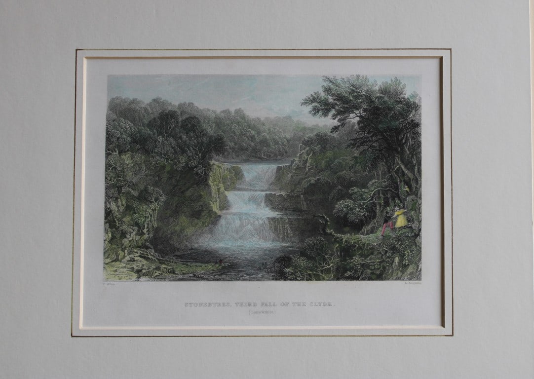Thomas Allom - Stonebyres on the Clyde engraved by E Benjamin 1837: This hand coloured steel engraving is from of Views Taken Expressly For This Work By Messrs. T. Allom, W.H. Bartlett, and H. M'Culloch. by William Beattie. Published by George Virtue, London 1837.Appr