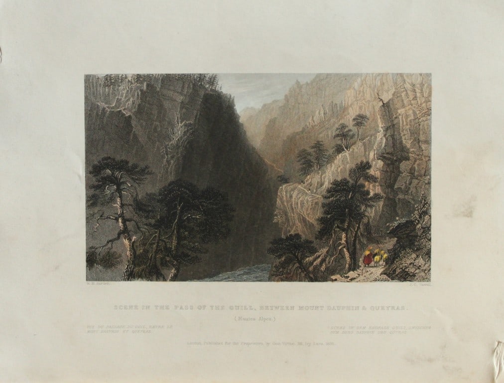 WH Bartlett - Guill Pass in the Alps engraved by JC Varrall 1838: This image is an antique engraving from The Waldenses or Protestant valleys of Piedmont, Dauphiny. Published in 1838.Approx. Size: Mount 9in x 12in (23cm x 30cm) Image 5in x 6in (12.5cm x 15.5cm).