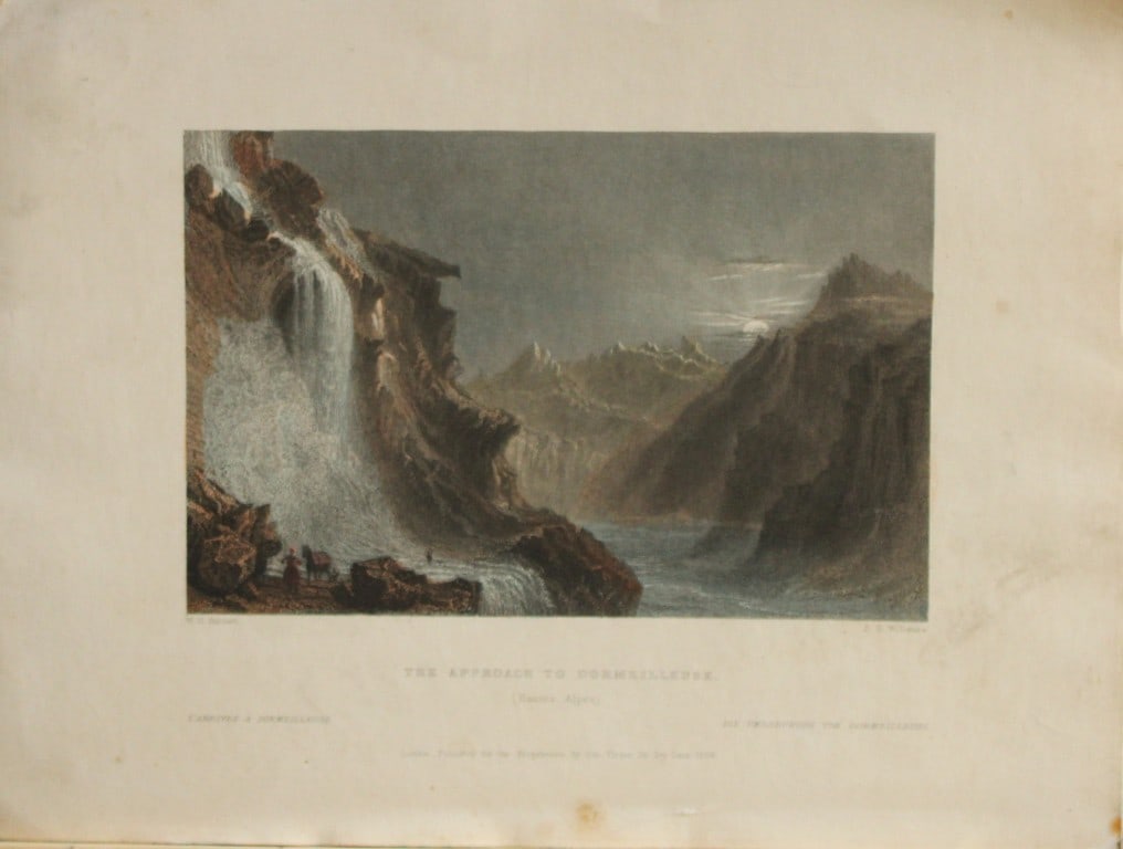 WH Bartlett - Approach to Dormeilleuse in the Alps engraved by JT Willmore 1838: This image is an antique engraving from The Waldenses or Protestant valleys of Piedmont, Dauphiny. Published in 1838.Approx. Size: Mount 9in x 12in (23cm x 30cm) Image 5in x 6in (12.5cm x 15.5cm).