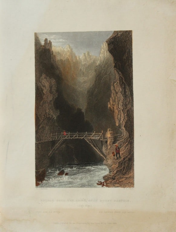 WH Bartlett - Bridge over the Guill in the Alps engraved by W Capone 1838: This image is an antique engraving from The Waldenses or Protestant valleys of Piedmont, Dauphiny. Published in 1838.Approx. Size: Mount 9in x 12in (23cm x 30cm) Image 5in x 6in (12.5cm x 15.5cm).
