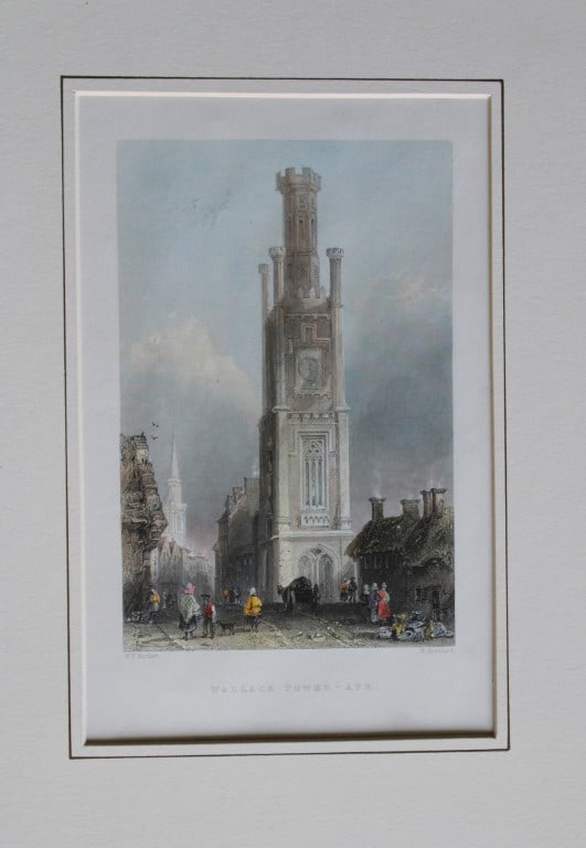WH Bartlett - Wallace Tower, Ayr engraved by R Brandard 1837: This hand coloured steel engraving is from of Views Taken Expressly For This Work By Messrs. T. Allom, W.H. Bartlett, and H. M'Culloch. by William Beattie. Published by George Virtue, London 1837.Appr