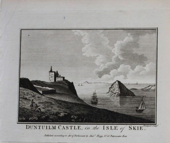 Alex Hogg - Duntuilm Castle, Isle of Skie, Scotland 1786: This copperplate engraving is from Historical Descriptions of new and elegant picturesque views of the antiquities of England and Wales? by Henry Boswell.Published by Alex Hogg, London, 1786.Size: app