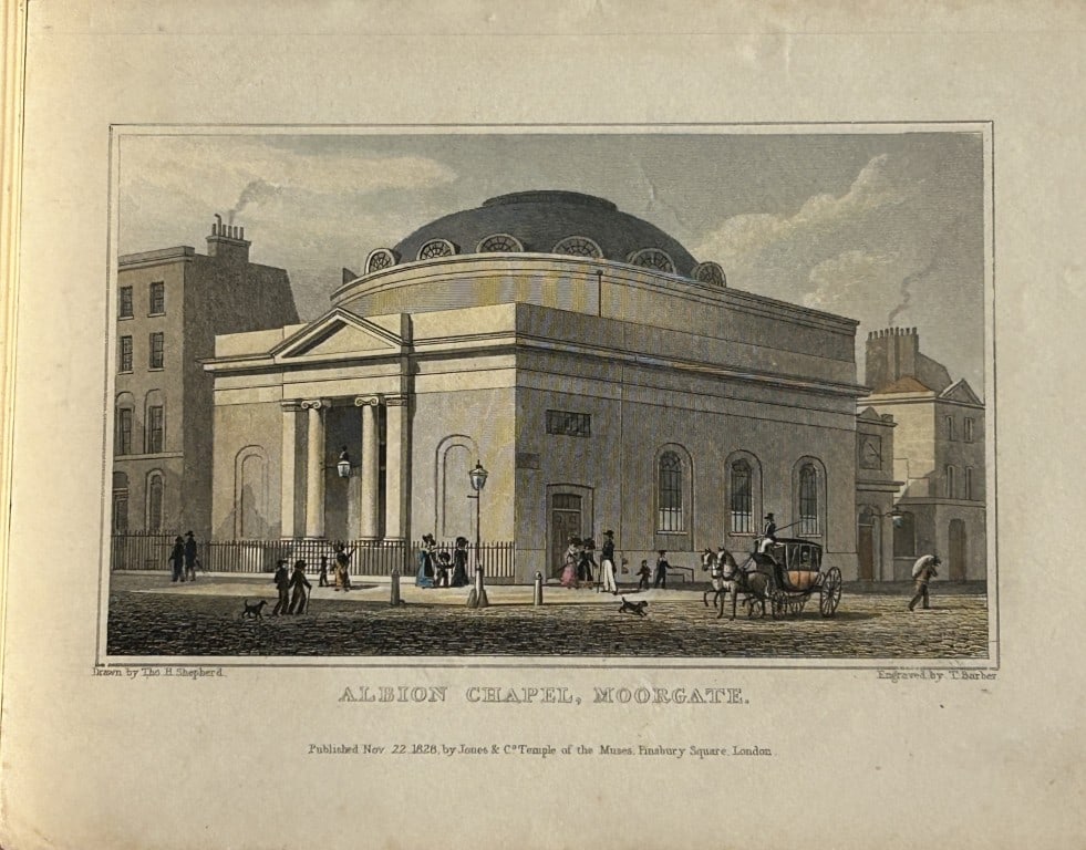 Thomas Shepherd - Albion Chapel, Moorgate engraved by T Barber 1828: The hand coloured engraving was drawn by Thomas H. Shepherd and published by Jones & Co. 1828.Size: 5.25in x 8in (13cm x 20cm)
