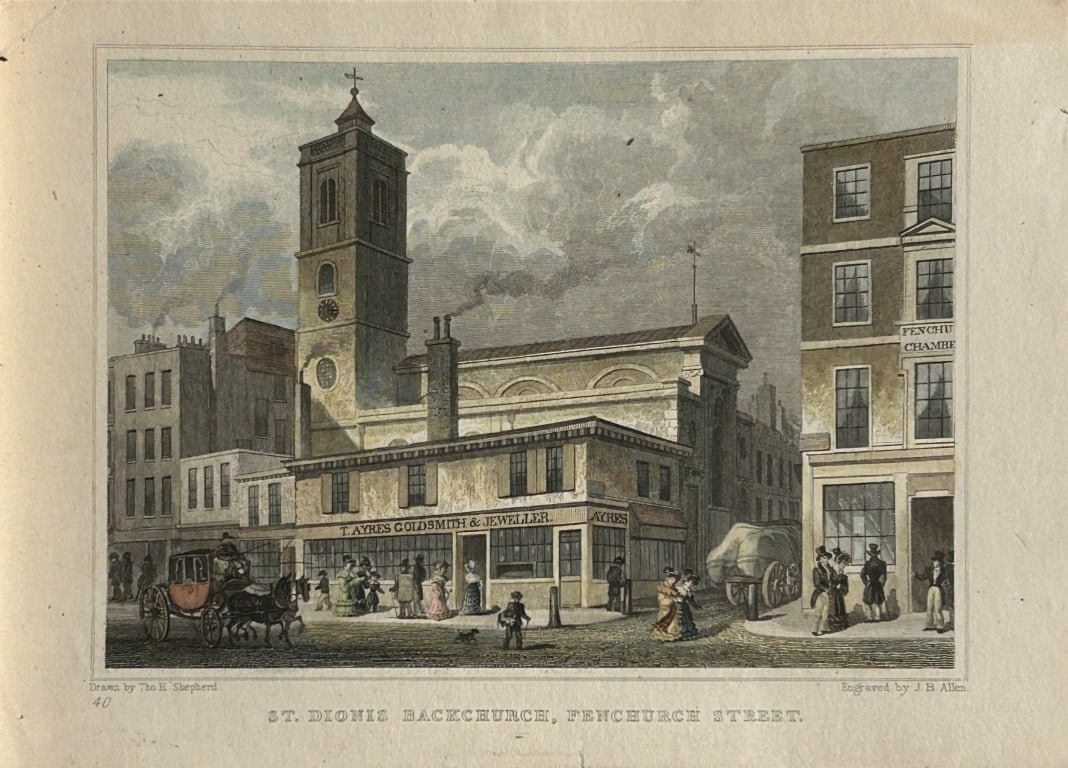 Thomas Shepherd - St Dionis Bachchurch, Fenchurch St engraved by JB Allan 1828: The hand coloured engraving was drawn by Thomas H. Shepherd and published by Jones & Co. 1828.Size: 5.25in x 8in (13cm x 20cm)
