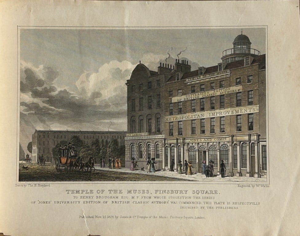 Thomas Shepherd - Temple of the Muses, Finsbury Square engraved by W Wallis 1828: The hand coloured engraving was drawn by Thomas H. Shepherd and published by Jones & Co. 1828.Size: 5.25in x 8in (13cm x 20cm)