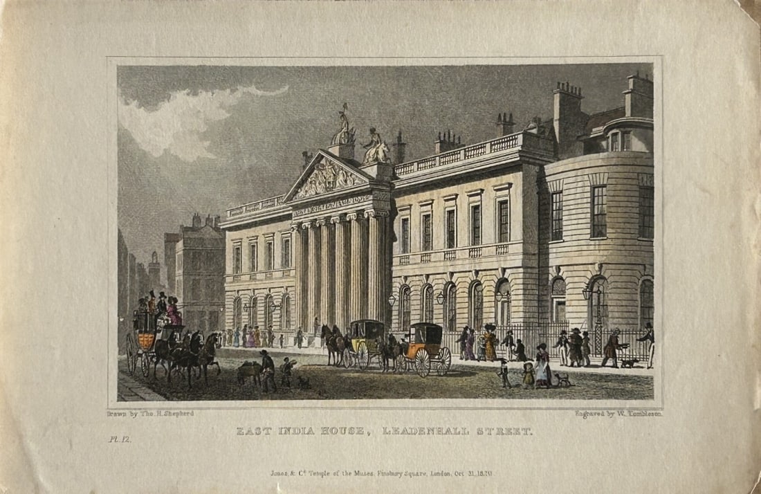 Thomas Shepherd - East India House, Leadenhall St engraved by W Tombleson 1828: The hand coloured engraving was drawn by Thomas H. Shepherd and published by Jones & Co. 1828.Size: 5.25in x 8in (13cm x 20cm)