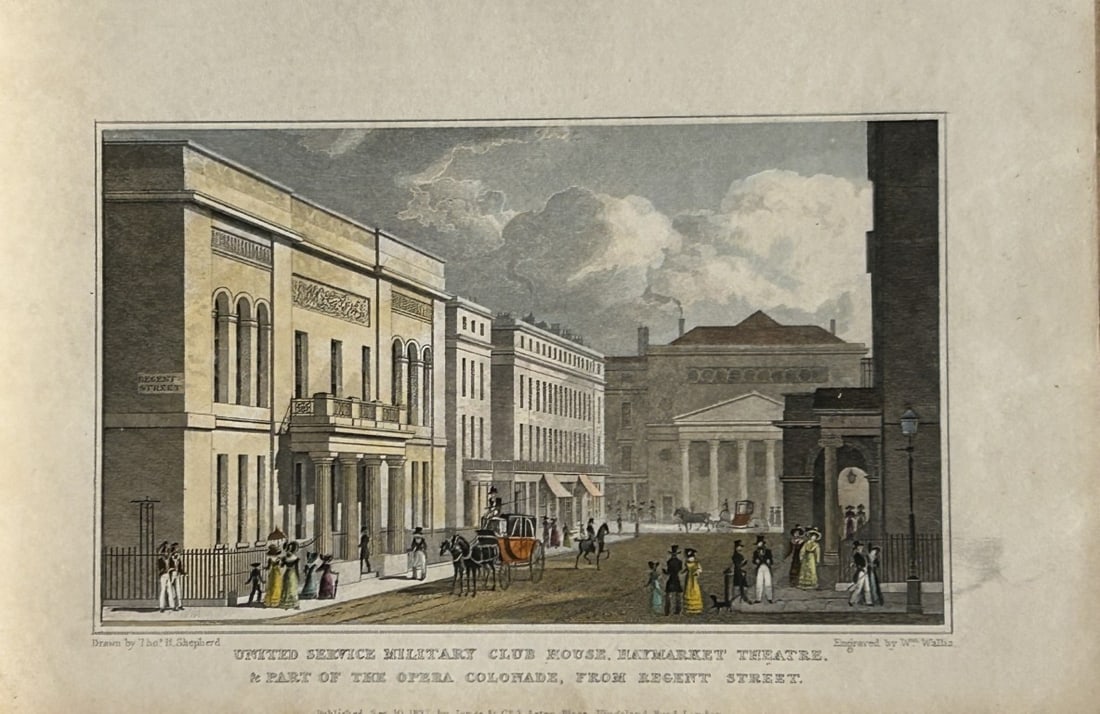 Thomas Shepherd - Haymarket Theatre etc engraved by W Wallis 1828: The hand coloured engraving was drawn by Thomas H. Shepherd and published by Jones & Co. 1828.Size: 5.25in x 8in (13cm x 20cm)