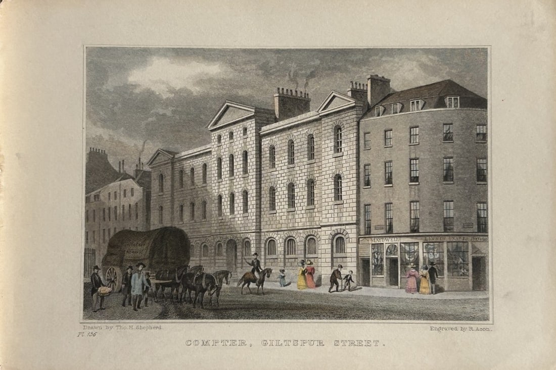 Thomas Shepherd - Compter, Giltdpur St engraved by R Acon 1828: The hand coloured engraving was drawn by Thomas H. Shepherd and published by Jones & Co. 1828.Size: 5.25in x 8in (13cm x 20cm)