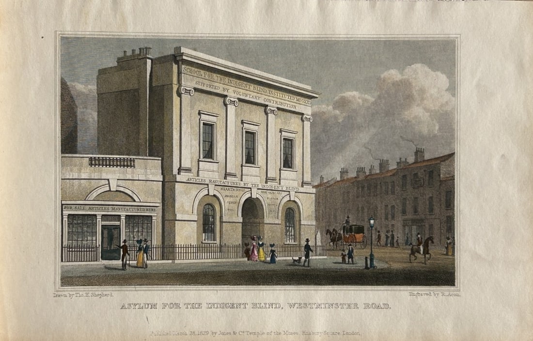 Thomas Shepherd - Asylum in Westminster Road engraved by R Acon 1828: The hand coloured engraving was drawn by Thomas H. Shepherd and published by Jones & Co. 1828.Size: 5.25in x 8in (13cm x 20cm)